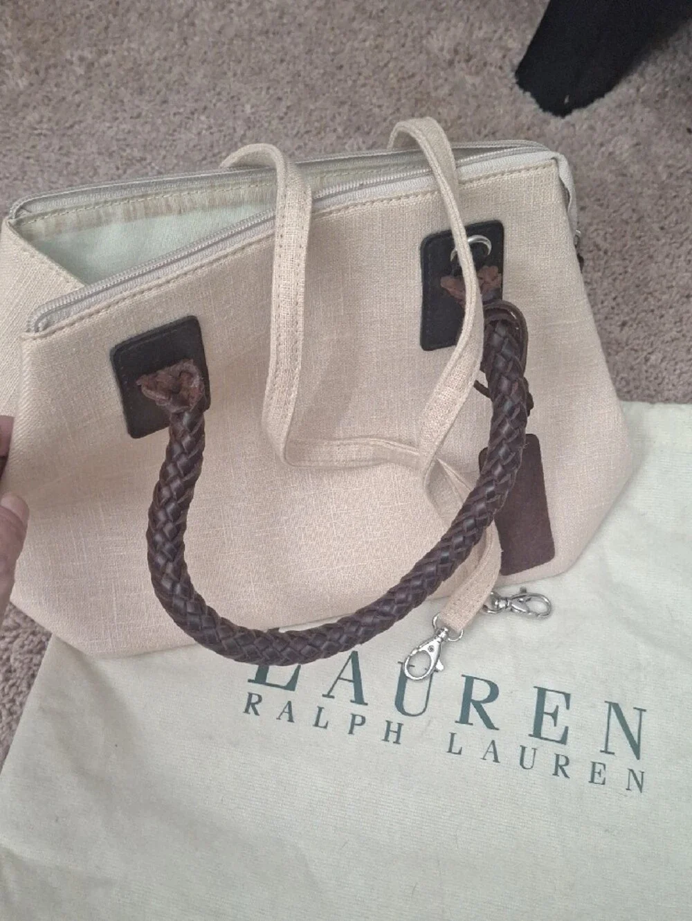 LAUREN - Ralph Lauren Beige Linen Purse with Brown Leather Braided Handles